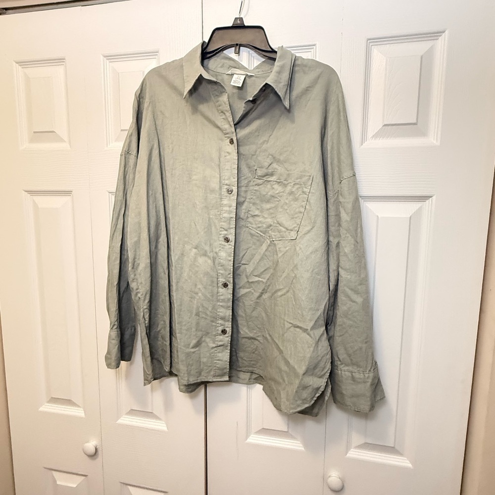 H&M Linen Blend Button Down Shirt XL Sage Green Oversized butter mom